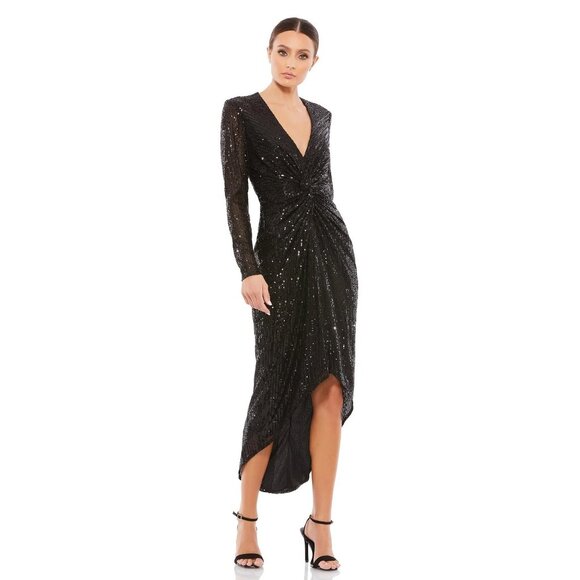 NWT Mac Duggal Sequined High Low Front Twist Midi Dress Black 6 #A0555-56 - Picture 1 of 8